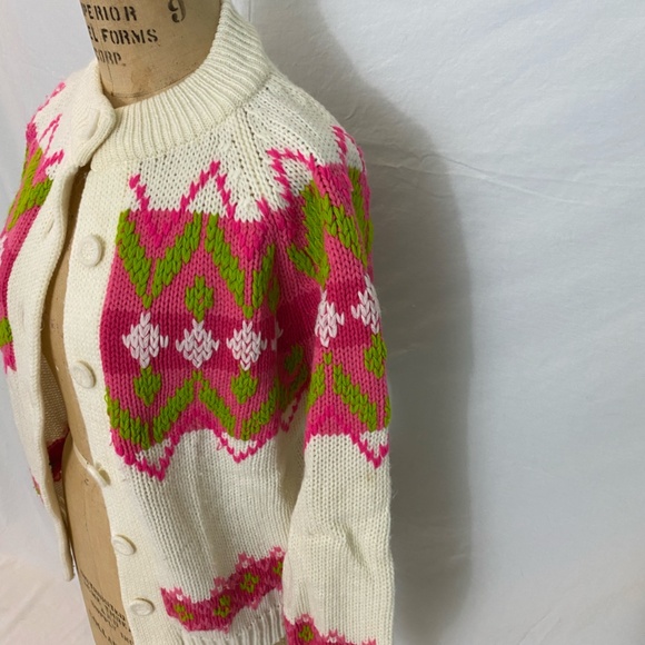 Vintage Cream cardigan sweater with bright pink and green pattern. Size Small. - Picture 5 of 13
